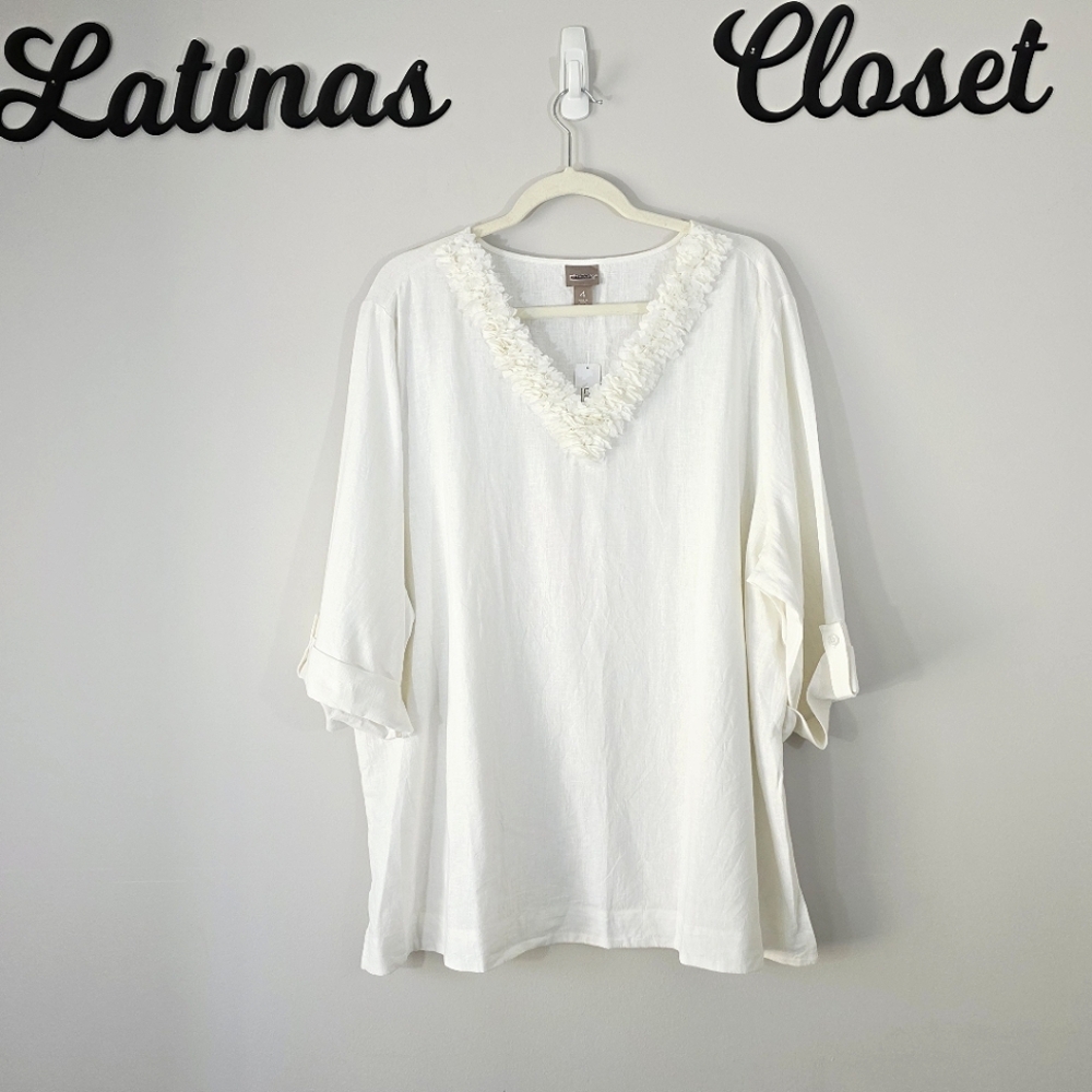 NEW Chico's Linen Floral Trim 3/4 Sleeve Popover Top Size XXL